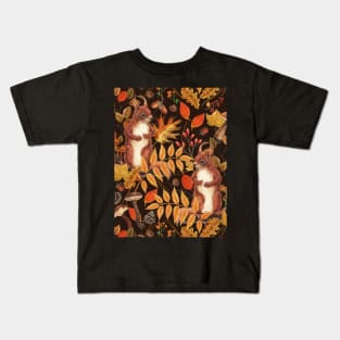 Autumn squirrels and autumnal flora on dark brown Kids T-Shirt